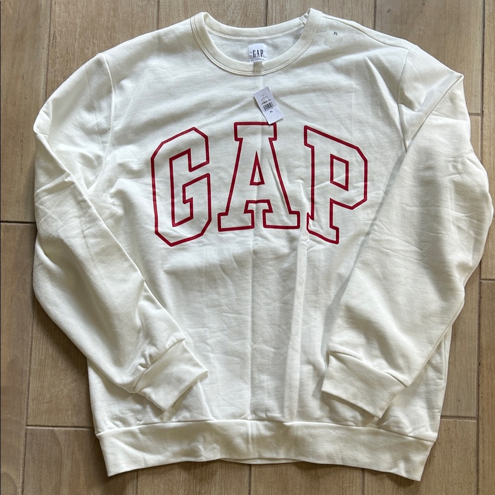 GAP Men's Cream Crewneck Sweater with Red Logo